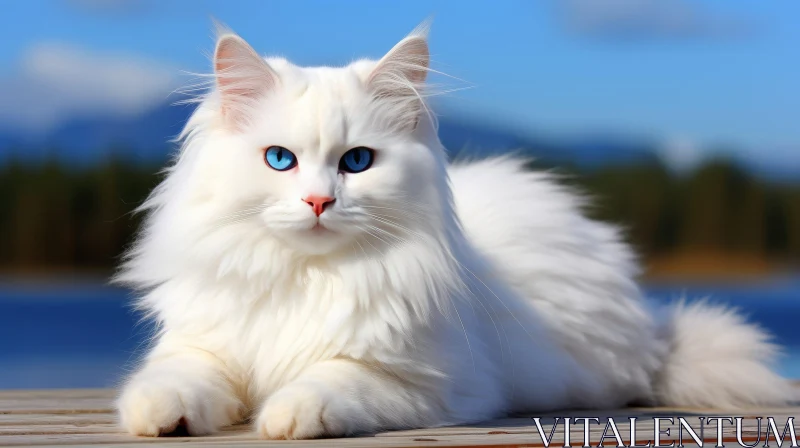 AI ART Graceful White Cat on Wooden Dock with Blue Eyes