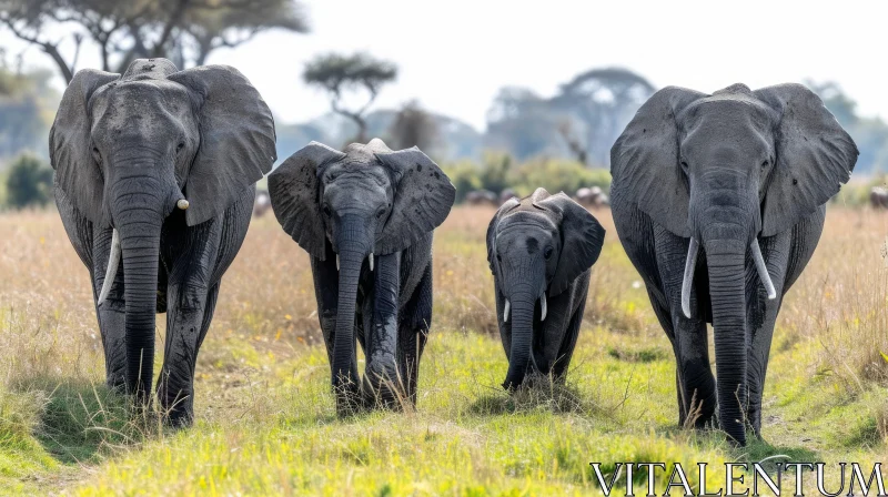 Majestic African Elephants Walking in a Grassy Field AI Image