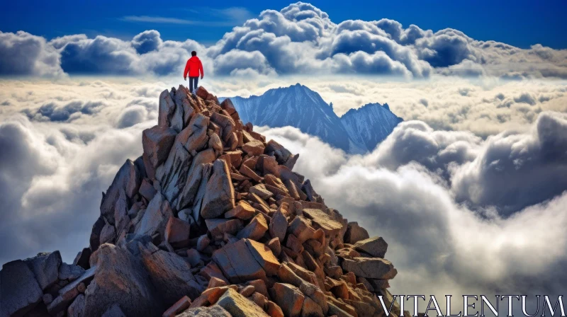 Man Standing on Top of Mountain with Clouds | Precisionism Influence AI Image