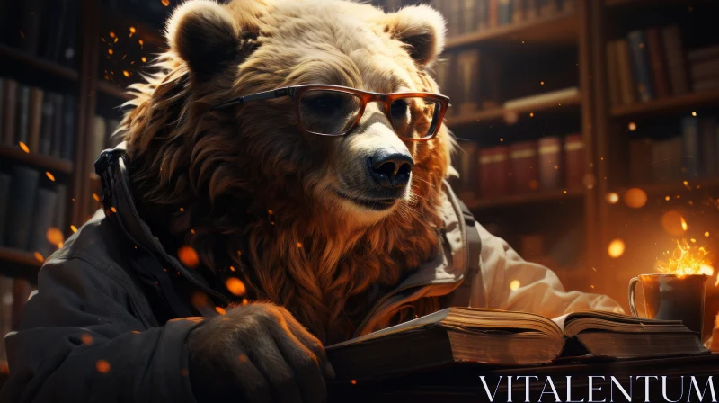 Scholarly Bear in Library - A Twist on Traditional Wildlife Portraits AI Image