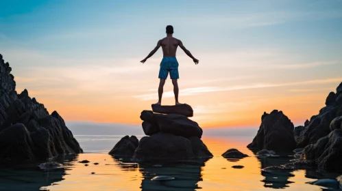Stunning Sunset: Person on Rocks at Ocean Shore