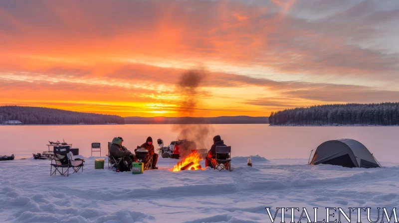 Winter Camping on Frozen Lake at Sunset AI Image