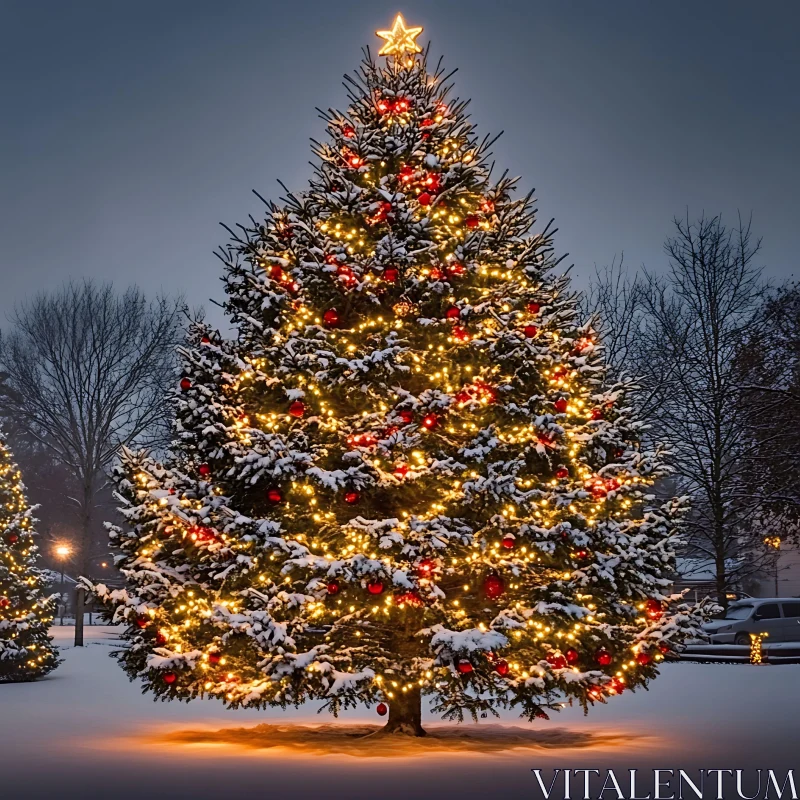 Festive Christmas Tree in Winter Evening AI Image