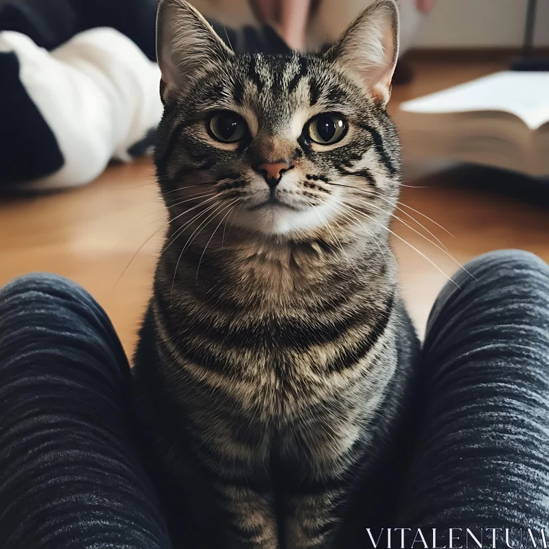 Charming Tabby Cat between Legs AI Image