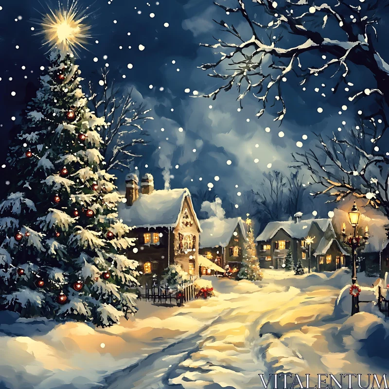 Peaceful Snowy Village with Christmas Tree at Night AI Image