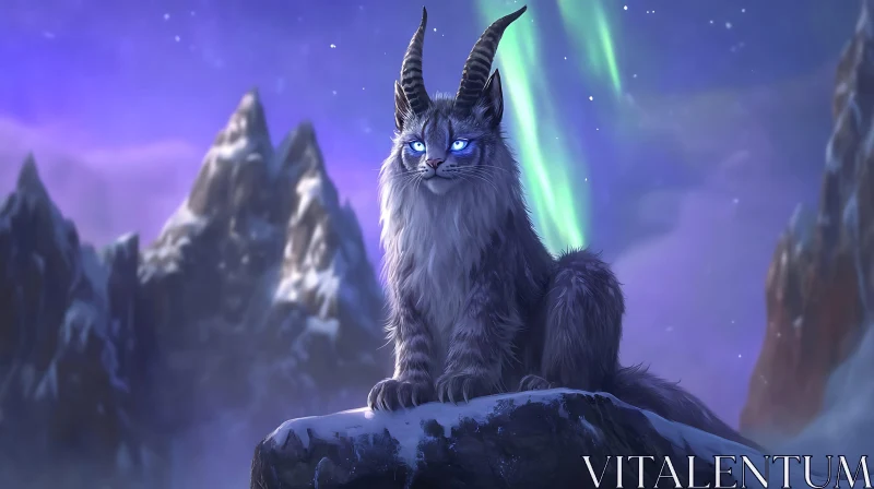 Horned Lynx Under Aurora Borealis AI Image