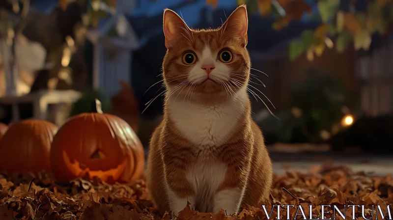 Cute Feline Among Glowing Jack-O'-Lanterns AI Image