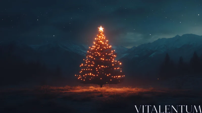 AI ART Glowing Christmas Tree in a Silent Night Landscape