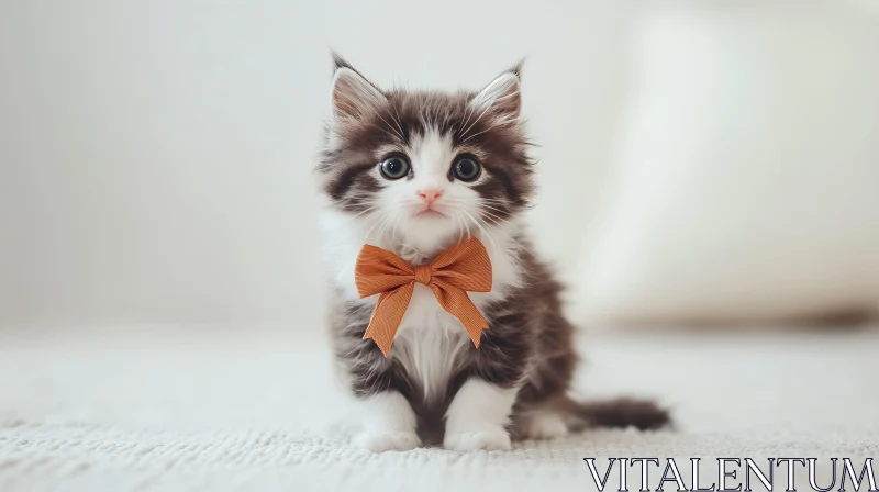 Cute Kitten with Orange Bow Tie AI Image