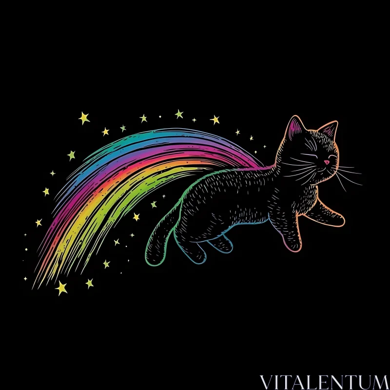 Cat with a Rainbow Tail in the Night Sky AI Image