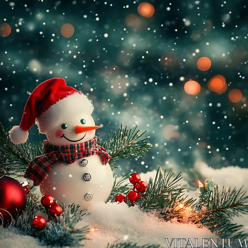 Festive Snowman Adorned for Christmas in Snowy Setting AI Image