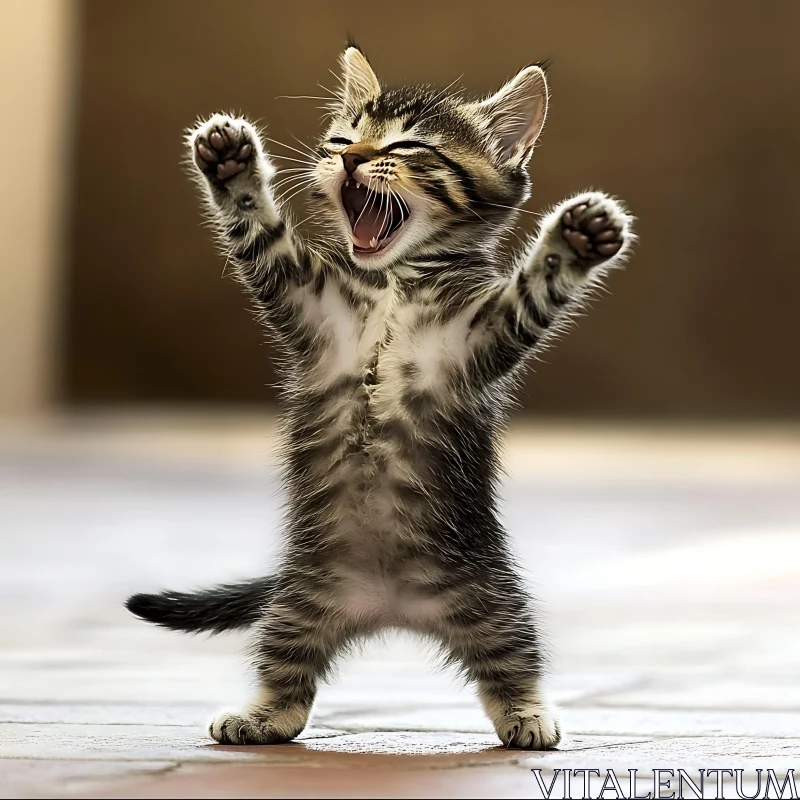 Cute Kitten Yawning with Raised Paws AI Image