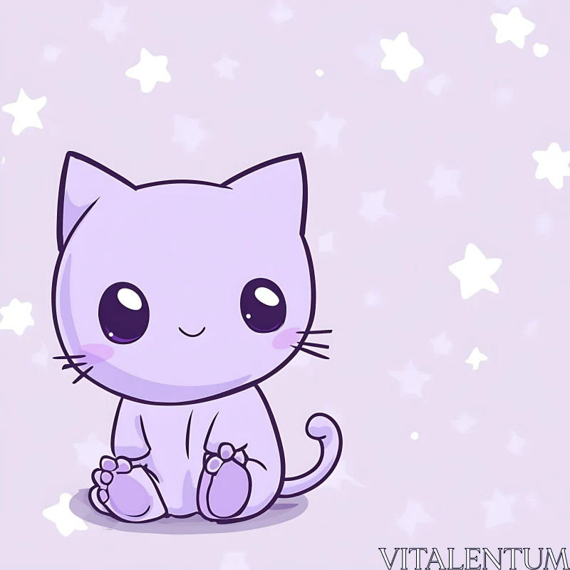 Cute Purple Cartoon Kitten with Stars AI Image