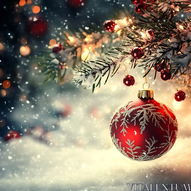 Festive Red Ornament on Snowy Christmas Tree AI Image