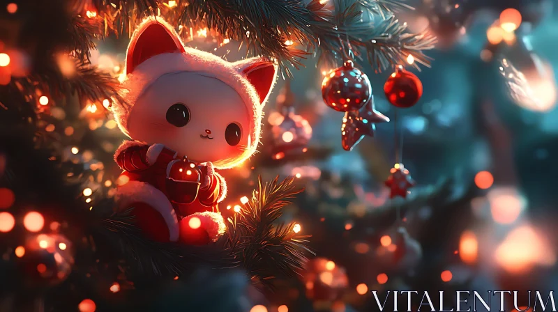 Festive Cat in Santa Costume with Christmas Ornaments AI Image