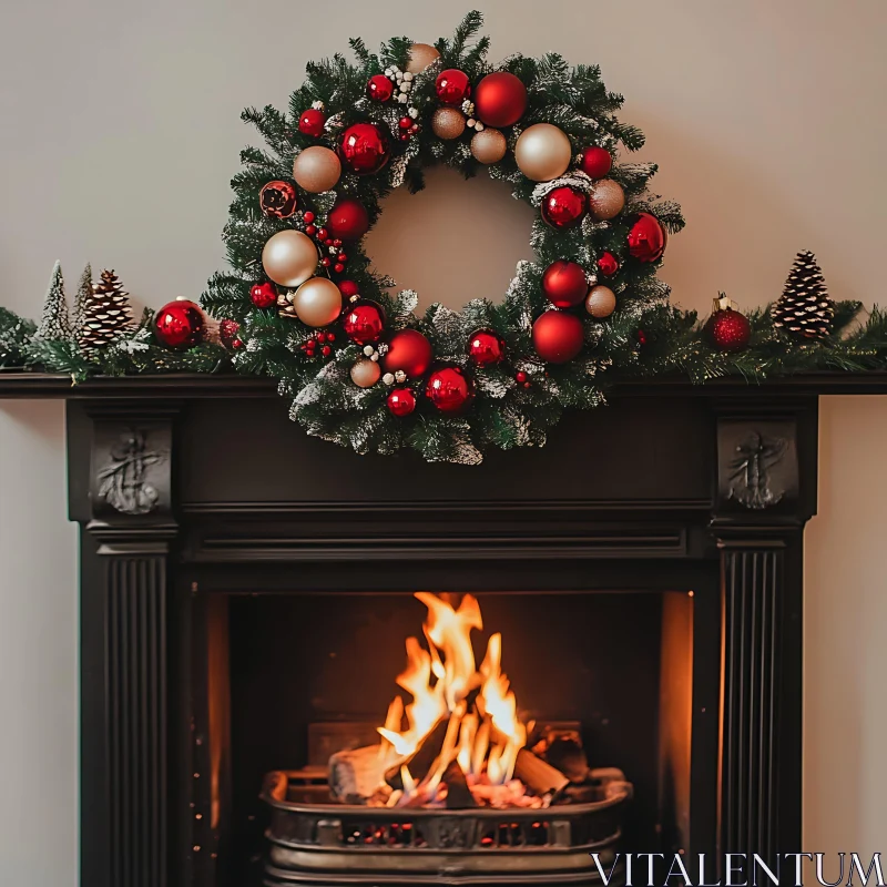 Festive Fireplace with Christmas Decor AI Image