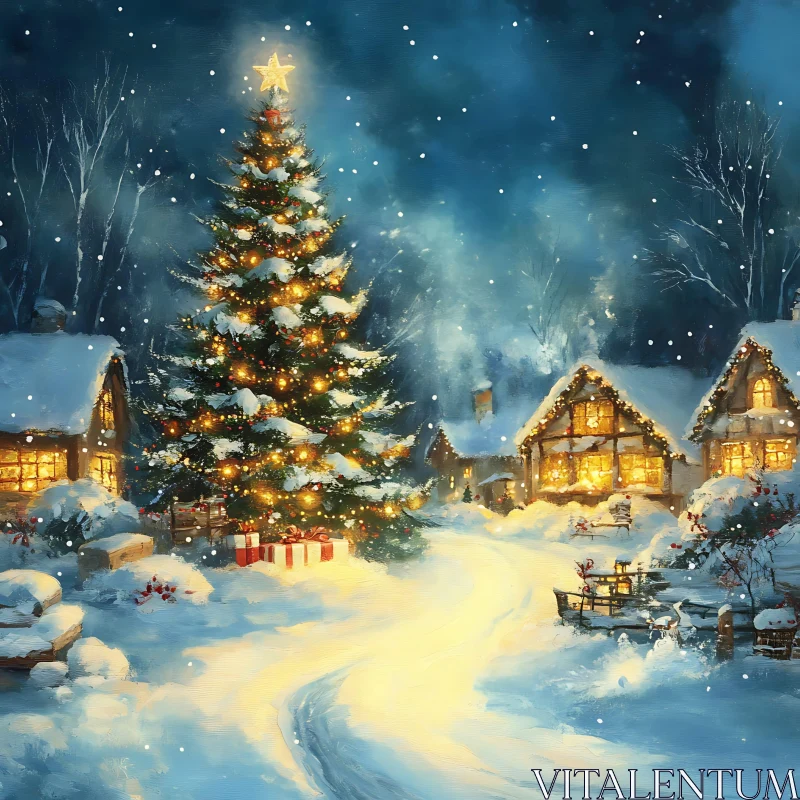 Winter Wonderland Village with Illuminated Christmas Tree AI Image