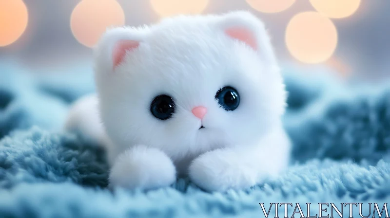 Adorable White Kitten on a Soft Blue Blanket AI Image