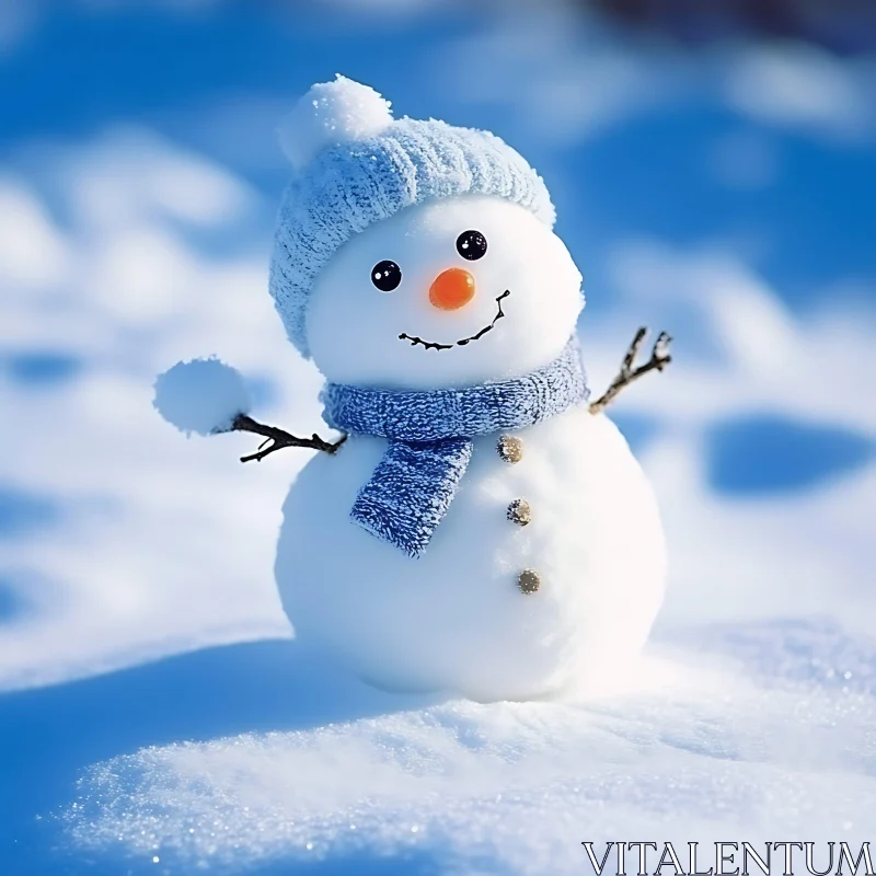 Joyful Snowman with Blue Accessories in Snowy Scene AI Image