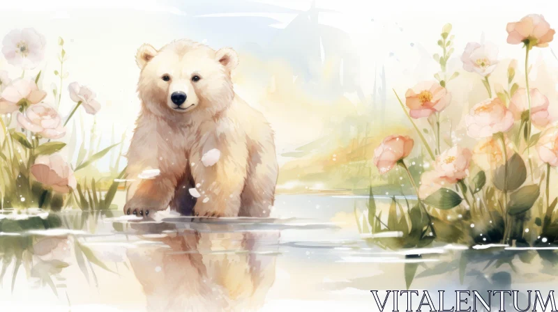Anime Style Polar Bear Amidst Flowers in Water - Art Illustration AI Image