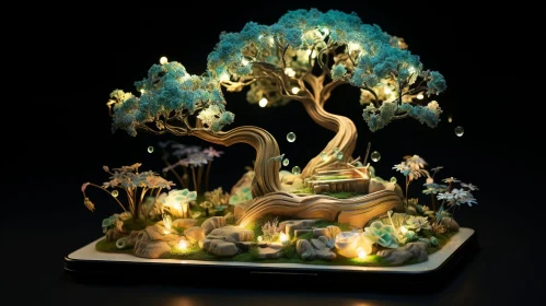 Bonsai Tree 3D Rendering on Wooden Table