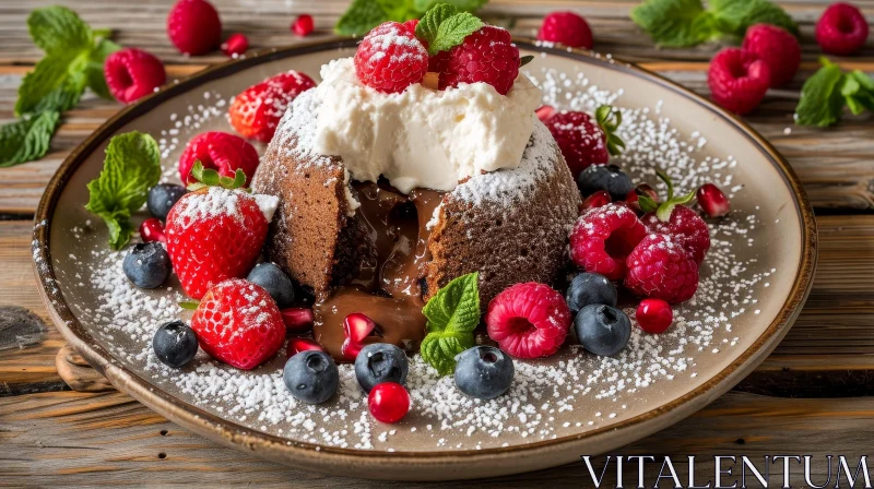 Delicious Chocolate Lava Cake with Whipped Cream and Raspberries AI Image