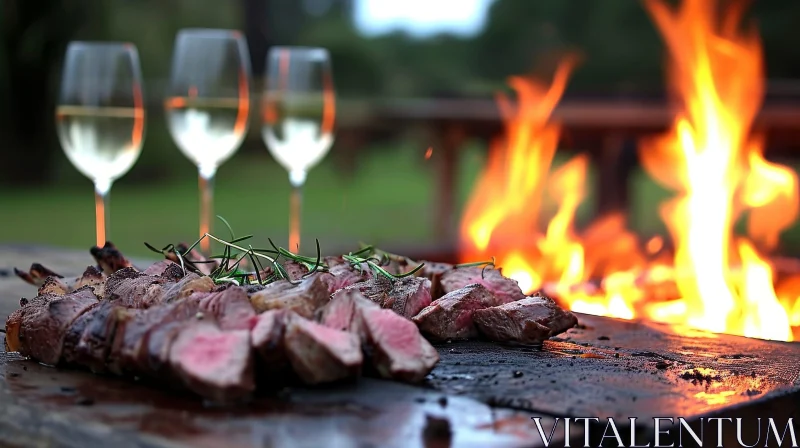 Delicious Grilled Steak on Wooden Table | Cozy Fireplace Ambience AI Image