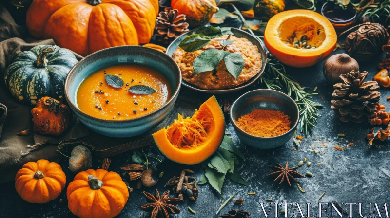 Delicious Pumpkin Soup with Autumn Decorations AI Image