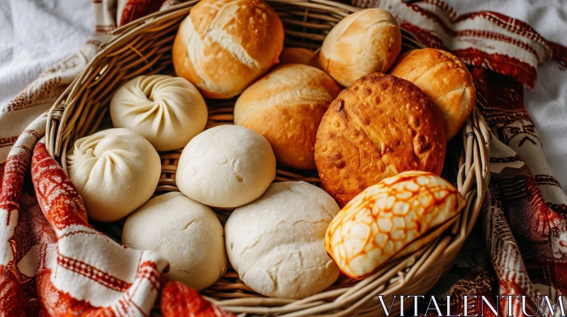 AI ART Delicious Still Life: Bread and Buns in a Wicker Basket