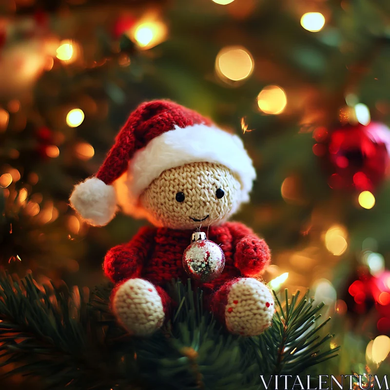 AI ART Knitted Santa with Sparkling Ornament on Tree