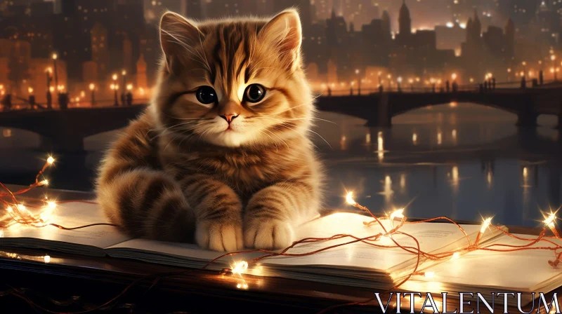 Enchanting Kitten on Book with String Lights in City Night Scene AI Image
