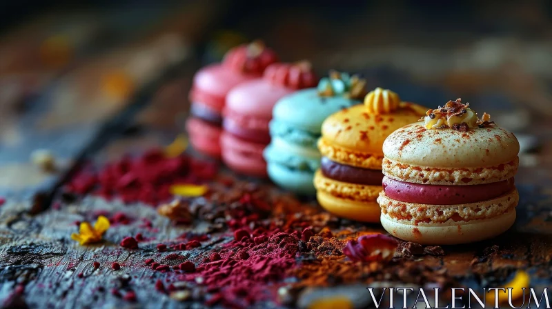 Exquisite Multicolored Macarons on Wooden Table AI Image