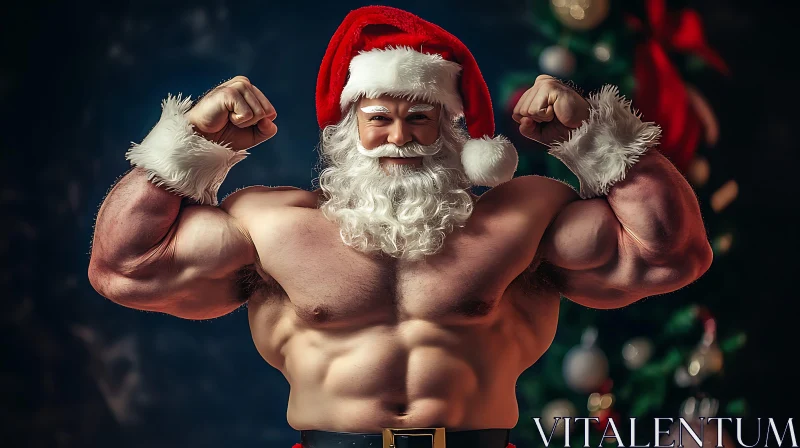 Strong Santa Flexing Muscles Next to Christmas Tree AI Image