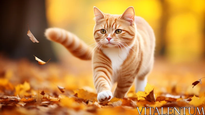 Ginger Cat in Forest of Fallen Leaves AI Image