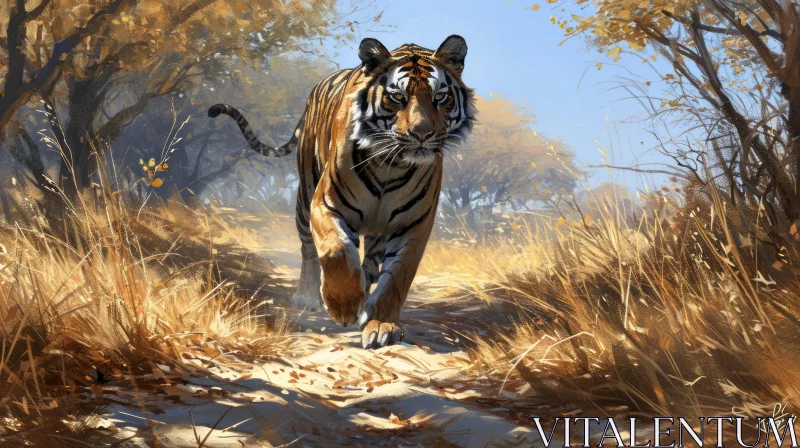 Powerful Tiger Walking Through a Lush Forest AI Image