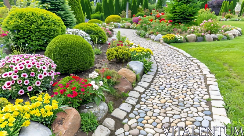 Serene Garden with Flowers and Stone Path AI Image