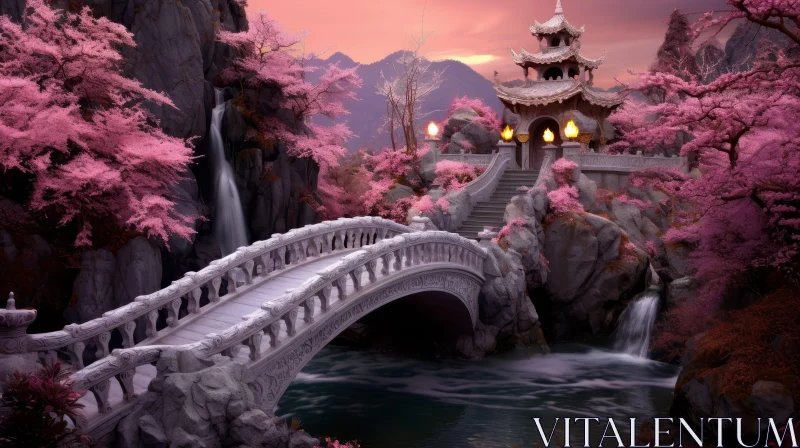 Tranquil Chinese Garden Landscape with Bridge and Mountains AI Image