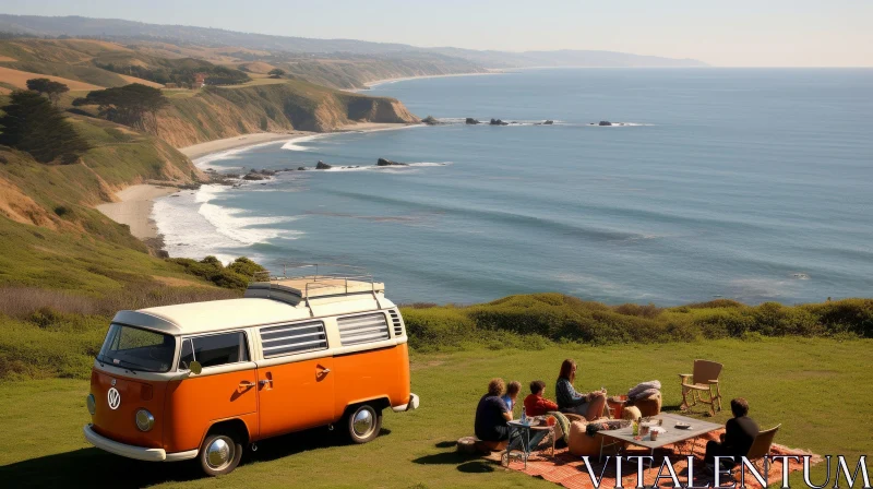 Tranquil Coastal Landscape with Orange VW Bus and People AI Image