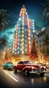 Vintage Cars Driving Down the Street with Palm Trees - Artistic Illustration