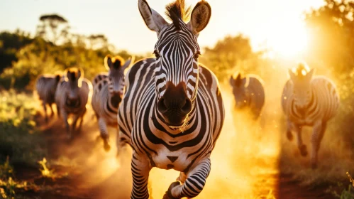 Zebras Running in African Savanna at Sunrise
