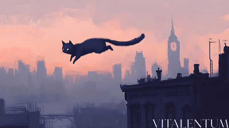 Silhouette of a Leaping Cat Against Sunset City Skyline AI Image