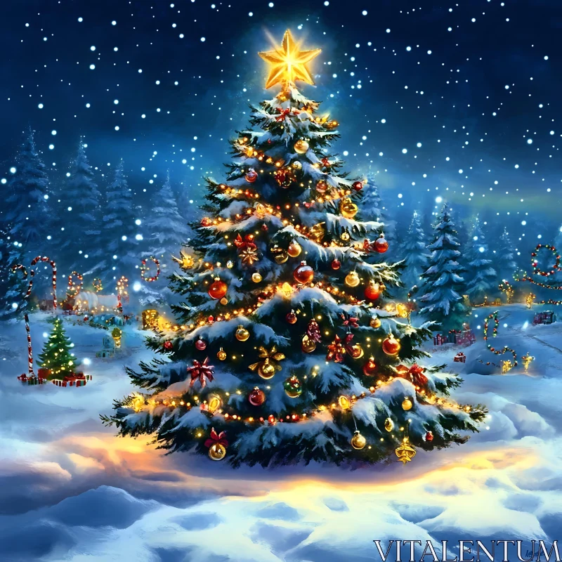 Festive Christmas Tree in Snowy Landscape at Night AI Image