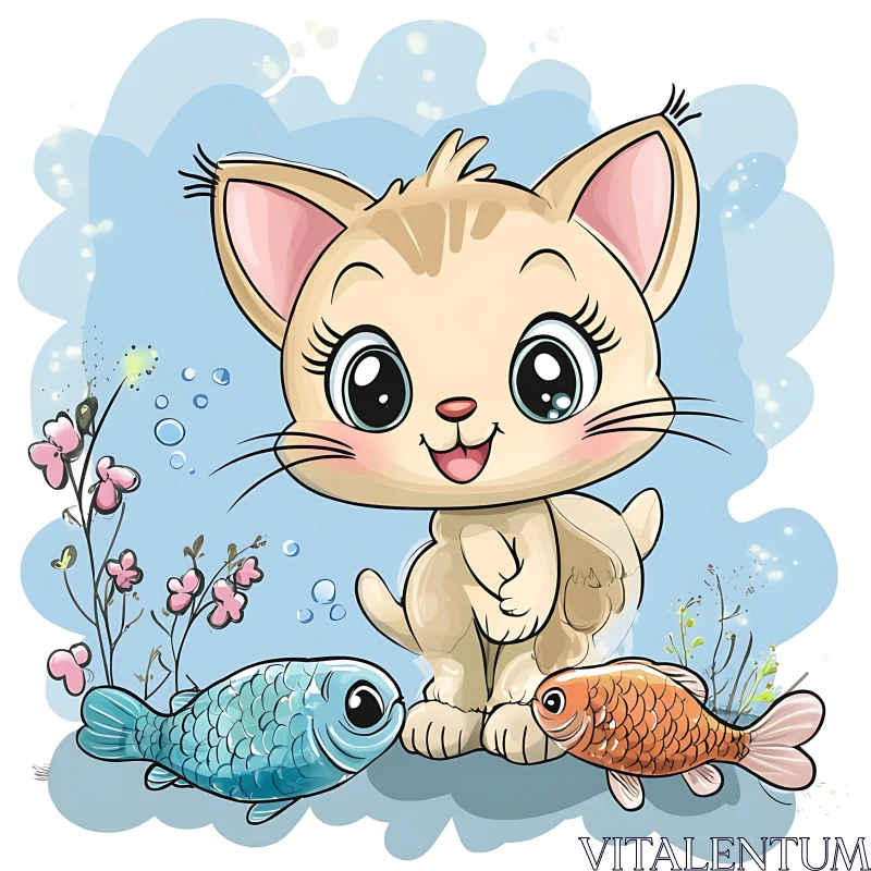 AI ART Adorable Cartoon Kitten with Fish