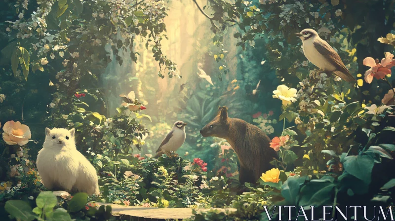 AI ART Tranquil Nature with Animals and Blossoming Garden