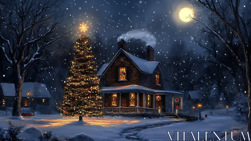 AI ART Charming Snow-covered Holiday Cottage with Festive Lights