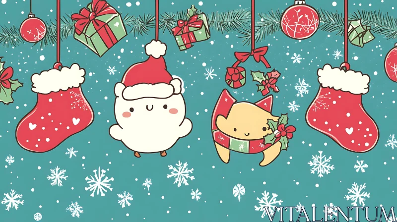 Cute Holiday Cartoon with Decorations and Characters AI Image