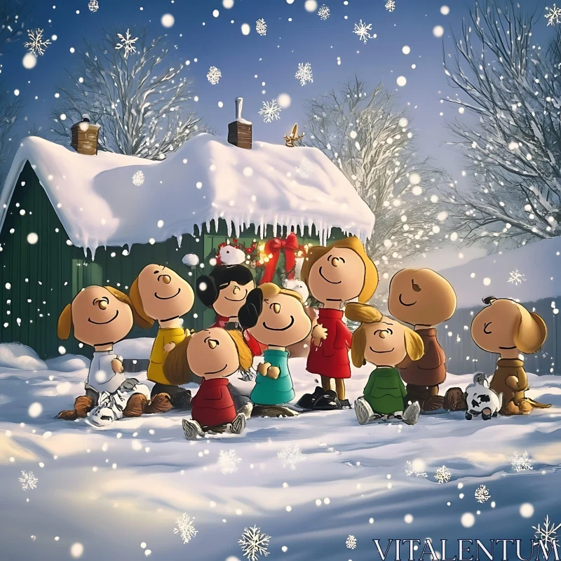 Festive Snowy Scene with Cartoon Characters AI Image