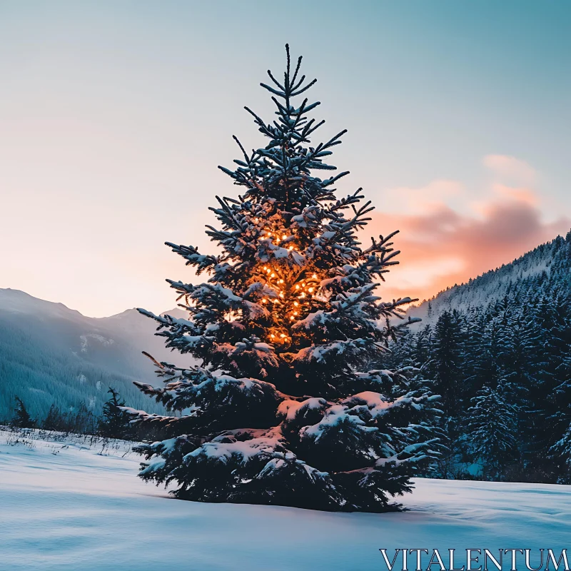 Winter Wonderland: Illuminated Tree at Twilight AI Image