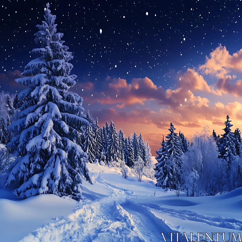 Twilight Winter Wonderland with Snow and Sunset AI Image