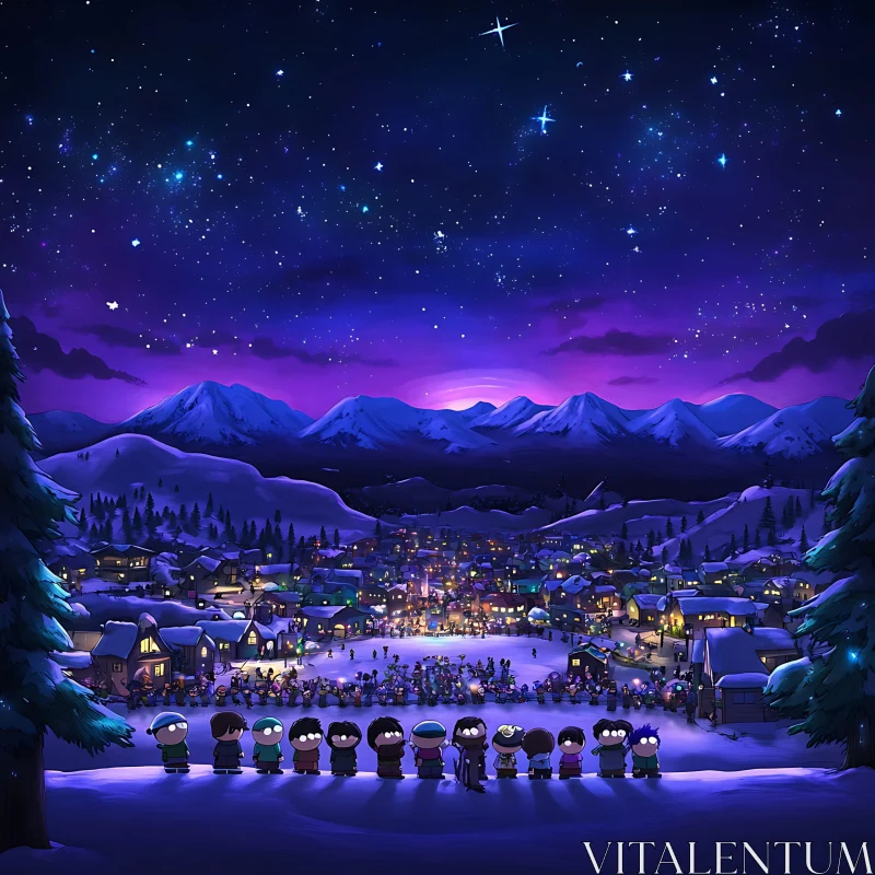 Magical Winter Scene with Animated Characters AI Image